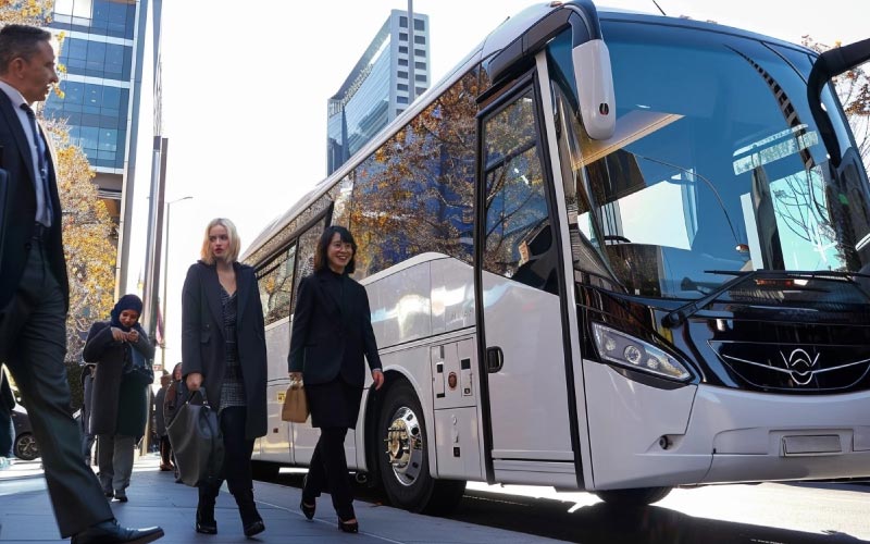 Corporate event attendees boarding a coach in Melbourne