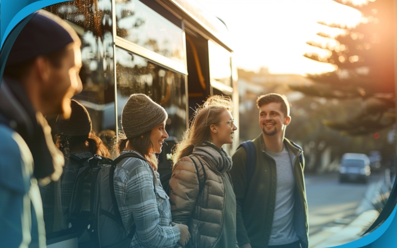 Group of happy passengers boarding a bus in Melbourne for a day trip