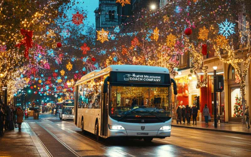 Bus charter rental for Christmas holidays in Melbourne, Australia - coach/bus on an Xmas decorated street