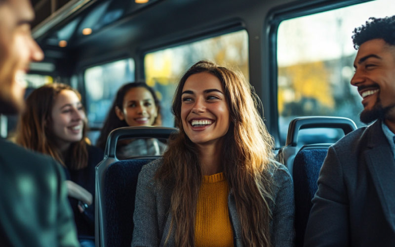 Comfortable coach tour bus in Melbourne with group travelers exploring the city.