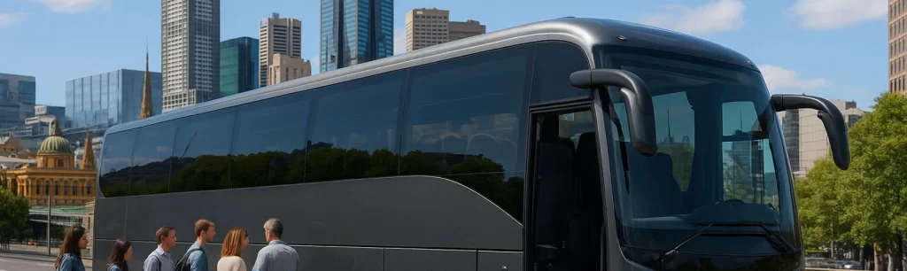 A modern coach parked in central Melbourne, ready for group boarding. Group Transport in Melbourne