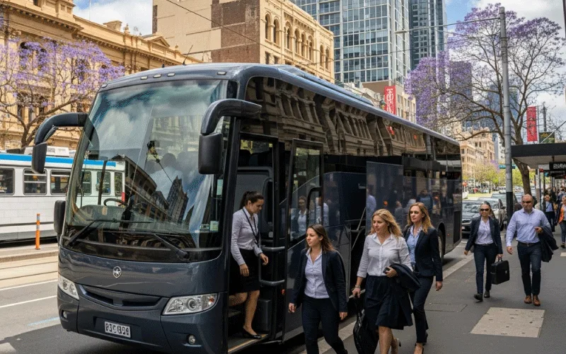 Corporate employees boarding a coach in Melbourne for a company event.