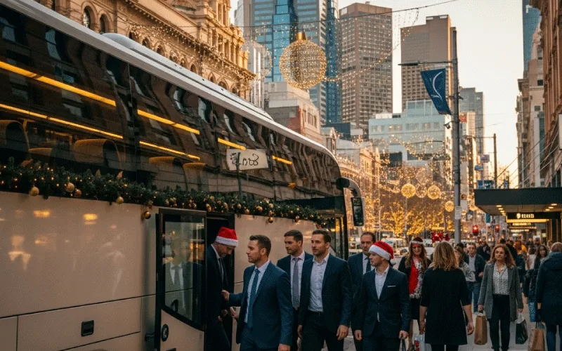 Corporate team boarding a luxury coach for a Melbourne Christmas event