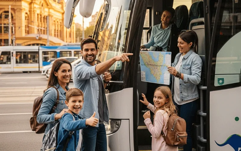 Family group boarding a Melbourne coach for a school holiday adventure