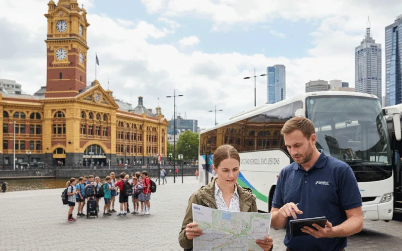 Students boarding a Melbourne coach for their end-of-year school excursion
