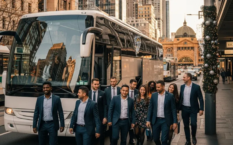 Corporate team boarding a Melbourne Coach Hire vehicle for a Christmas party