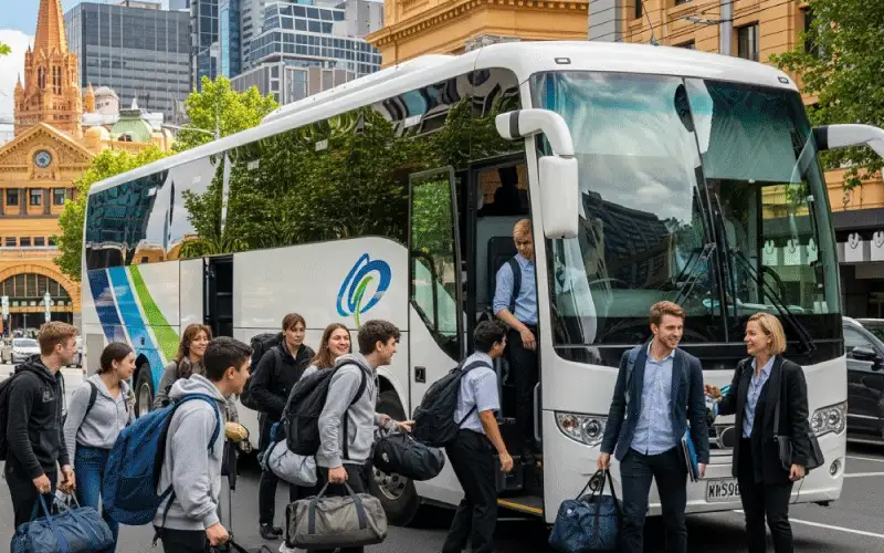 Students boarding a Melbourne Coach Hire bus for a school holiday adventure