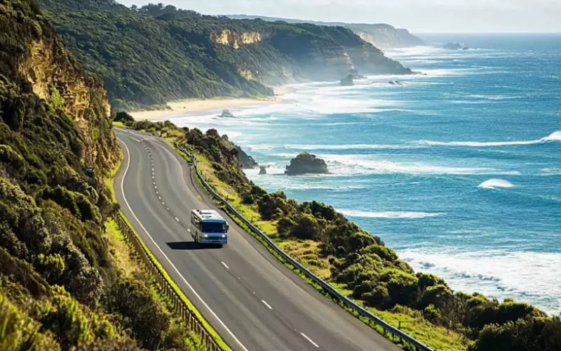 Scenic coastal view along the Great Ocean Road, a popular day trip destination from Melbourne.