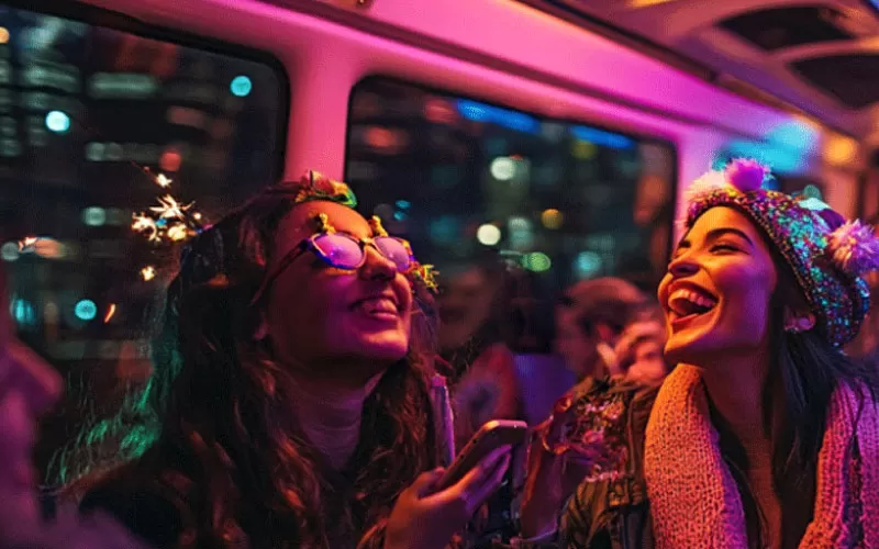 Group celebrating New Year’s Eve 2024 in Melbourne on a charter bus, heading to city fireworks and events, Melbourne, November 2024